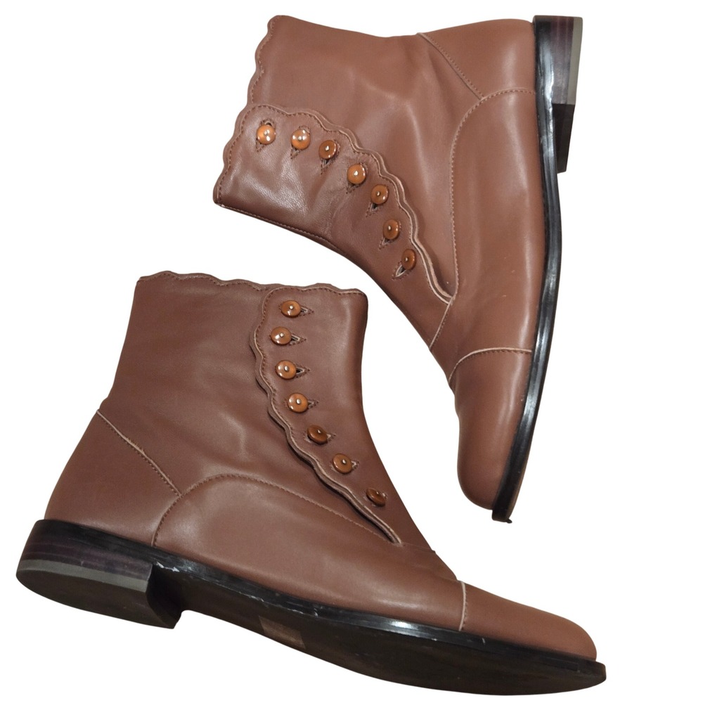 ANTHROPOLOGIE F-Troupe Women Brown Leather Button Ankle Boots ‎ Vintage Style 38